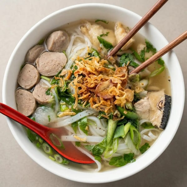 A bowl of Vietnamese pho with meatballs, noodles, broth, and fried shallots, with chopsticks and a spoon.